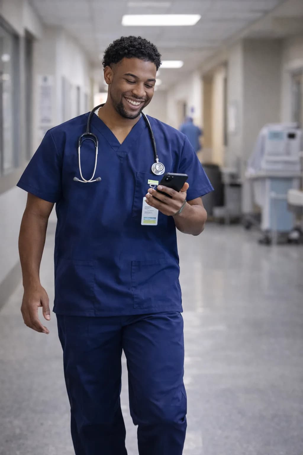 Clinician walking through a hospital hallway while checking shifts on a phone