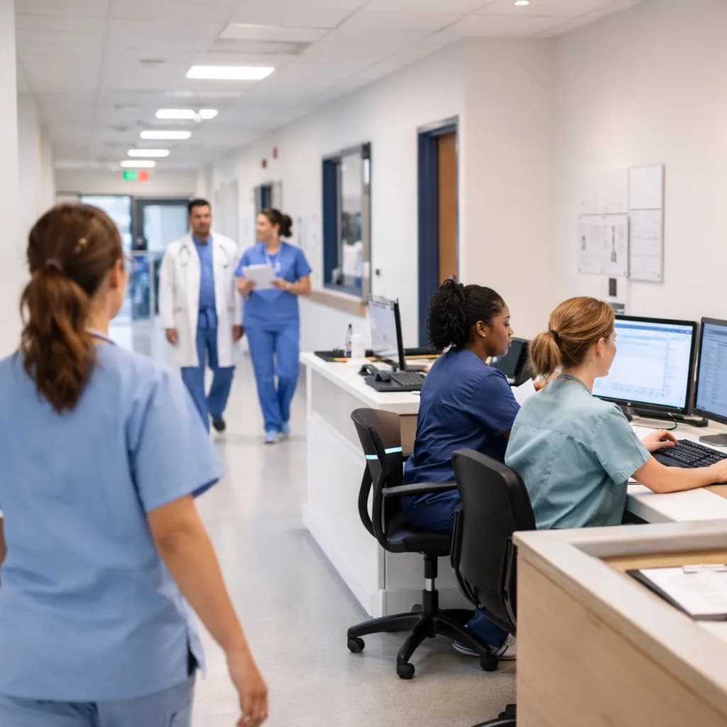 Facility care team working in a hospital corridor